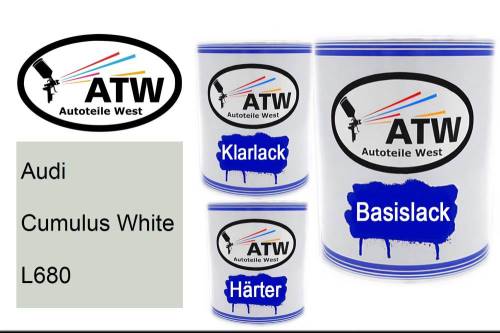 Audi, Cumulus White, L680: 1L Lackdose + 1L Klarlack + 500ml Härter - Set, von ATW Autoteile West.